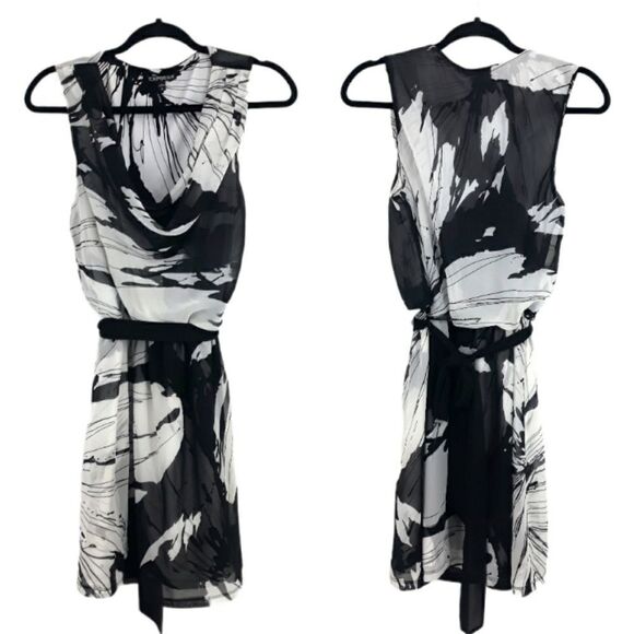 Express Chiffon Cowl Sleeveless Belted Knee Dress Color Blocked Floral Blk Sz M - Picture 1 of 11